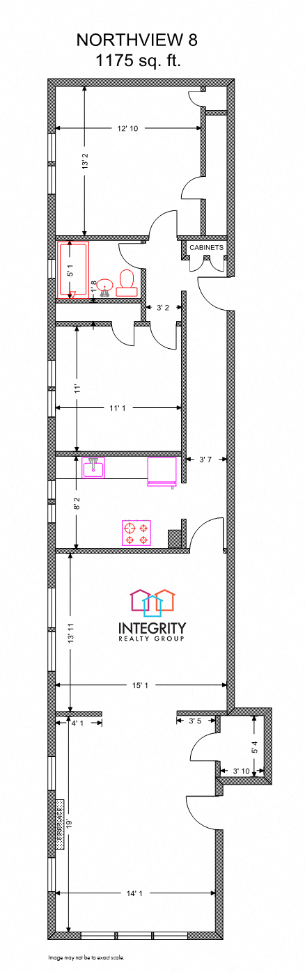 Floor plan for 2 beds, 1 bath, 1175 sqft